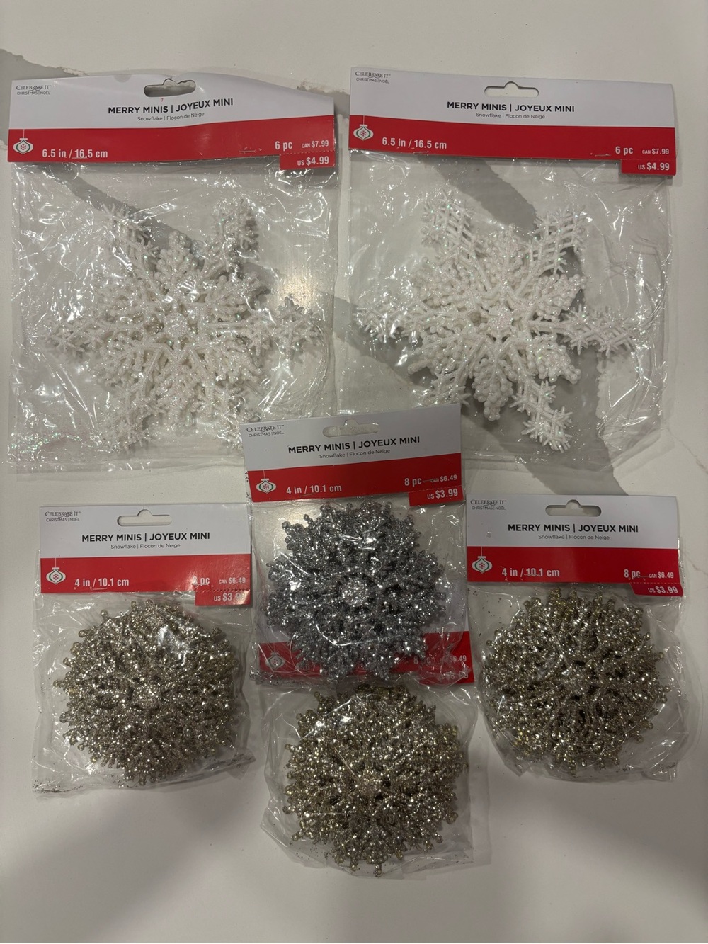 Celebrate It..White, Gold & Silver Glitter Snowflake Decor/Ornaments… 6 Packages
